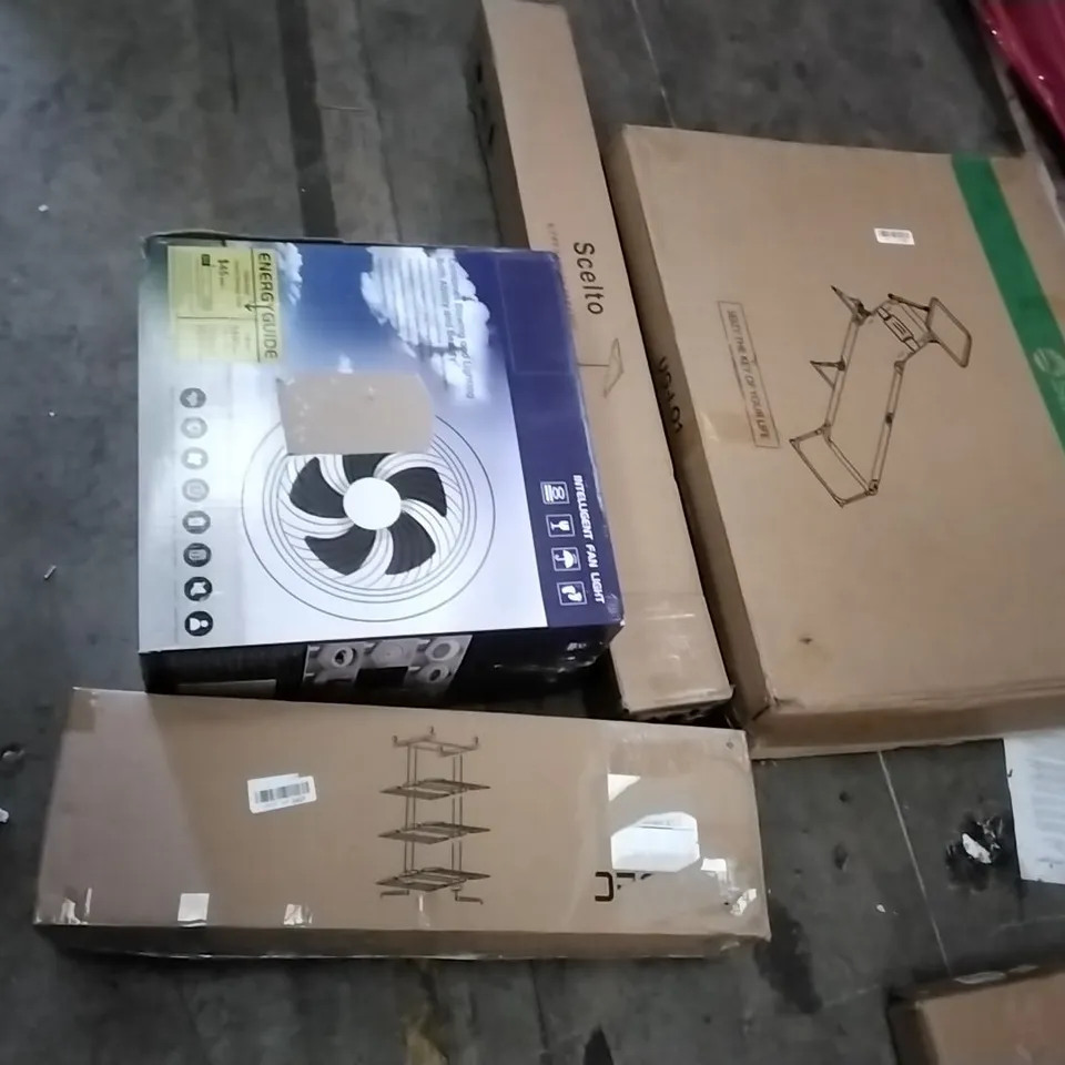 PALLET OF ASSORTED ITEMS INCLUDING SEKEY FOLDOUT LOUNGE, SCELTO GARDEN PARASOL, HOMIDEC DRYING RACK, INTELLIGENT FAN LIGHT, FOLDOUT CHAIR, ALPHA CAMP