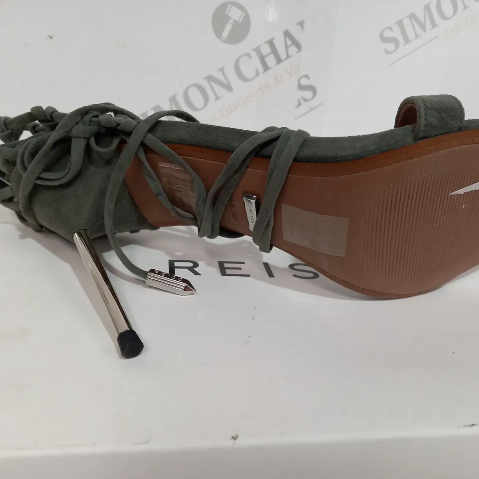 BOXED PAIR OF REISS ZHANE STRAPPY SUEDE HEELS IN GREEN SIZE 6