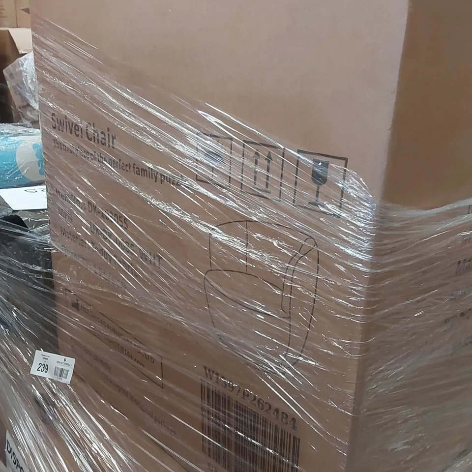 PALLET CONTAINING VARIOUS ASSORTED BOXED ITEMS TO INCLUDE,  FOOD PROCESSOR,  TEDDY FABRIC SWIVEL CHAIR, ULTRASONIC CLEANER, ELECTRIC GATE SWING ARM OPENER ETC.