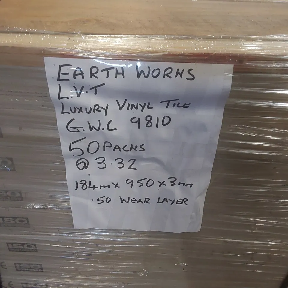 PALLET CONTAINING APPROXIMATELY 50x PACKS OF BRAND NEW EARTH WORNS LVT LUXURY VINYL TILE G.W.C 9810 50 PACKS 184MM X 950X3MM 50 WEAR LAYER