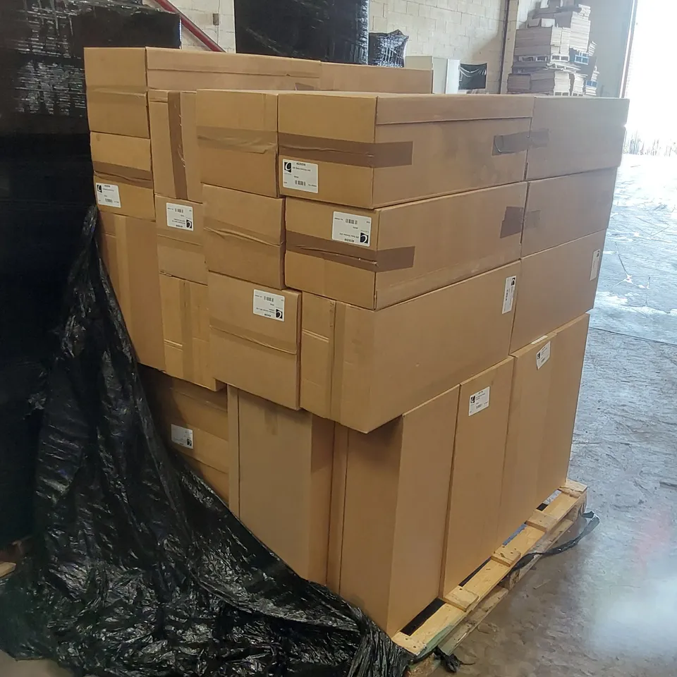 PALLET CONTAINING A LARGE QUANTITY OF BATHROOM FURNITURE PARTS INCLUDING: CALYPSO BASE UNITS, TALL WALL CARCASS, TOILET ROLL HOLDERS ECT