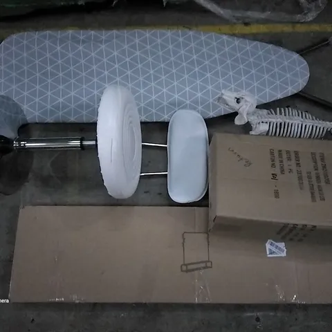 PALLET OF ASSORTED ITEMS INCLUDING IRONING BOARD, CLOTHES RACK, PLASTIC DOG SKELETON, SWIVEL CHAIR, LED SILVER GLITTER REINDEER
