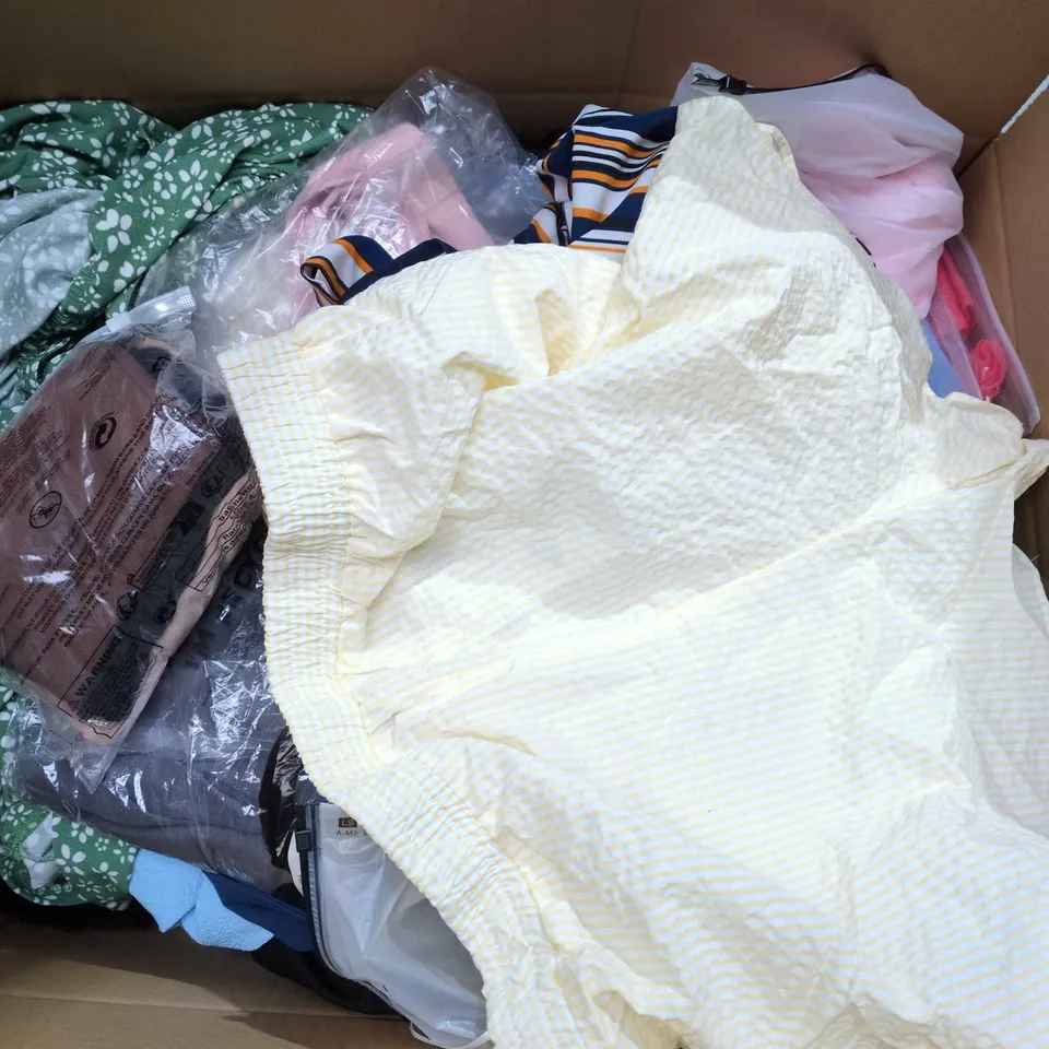 APPROXIMATELY 35 ASSORTED CLOTHING ITEMS IN VARIOUS SIZES, STYLES & COLOURS TO INCLUDE SKIRTS, T-SHIRTS, DRESSES, ETC - COLLECTION ONLY