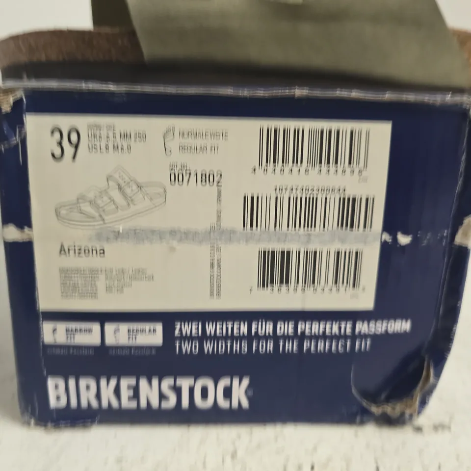 BOXED PAIR OF BIRKENSTOCK ARIZONA SANDALS – OLIVE GREEN LEATHER, UK 6