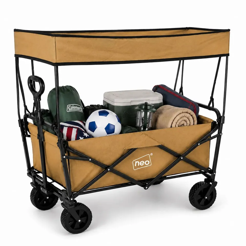 BOXED NEO KHAKI FOLDING WAGON CANOPY GARDEN CART 138L 120KG