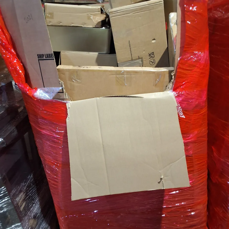 PALLET OF ASSORTED HOUSEHOLD ITEMS TO INCLUDE FOLDABLE BABY PLAYPEN, STAINLESS STEEL LITTER BOX AND ERGONOMIC DESK CHAIR