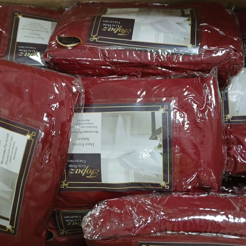 BOX OF APPROXIMATELY 20 TOPAZ LUXE HOME DEEP FITTED SHEETS IN MAROON - SIZES VARY - COLLECTION ONLY