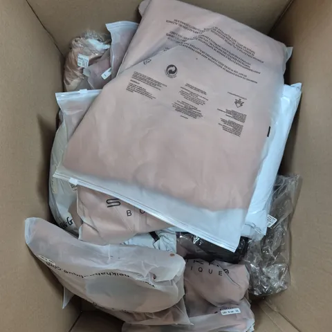 LARGE BOX OF ASSORTED CLOTHING ITEMS IN VARIOUS COLOURS, STYLES AND SIZES