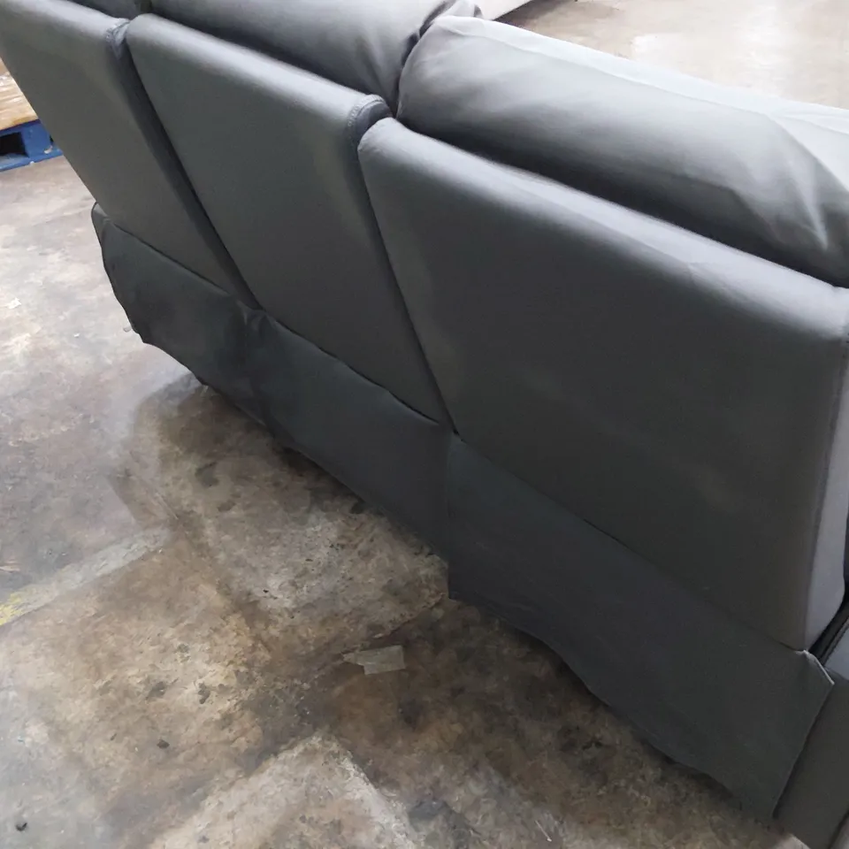 DESIGNER MANUAL RECLINING THREE SEATER SOFA GREY LEATHER WITH BLACK PIPING