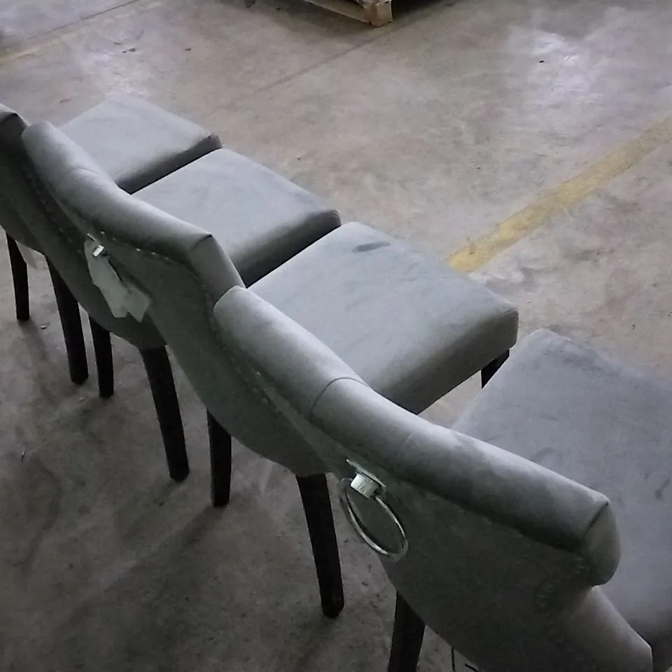SET OF 4 PLUSH GREY FABRIC BUTTONBACK DINING CHAIRS WITH KNOCKER BACKS AND BLACK WOODEN LEGS