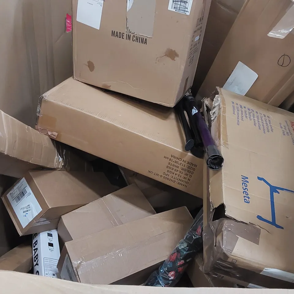 PALLET OF ASSORTED CONSUMER PRODUCTS TO INCLUDE: CEILING FAN LIGHT, ROUND SIDE TABLE, DRYWALL SANDER, ELECTRIC WEED SWEEPER, STAINLESS STEEL SENSOR BIN, LED MIRROR LIGHT ECT