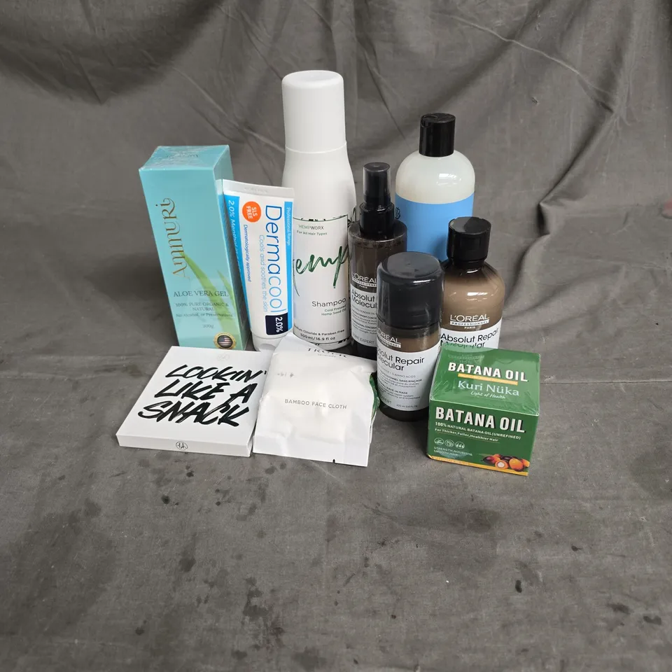APPROXIMATEY 20 HEALTH AND BEAUTY PRODUCTS TO INCLUDE - HEMP SHAMPOO - L'OREAL ABSOLUT REPAIR MOLECULAR LEAVE IN MASK - TROPIC BAMBOO FACE CLOTH - ETC