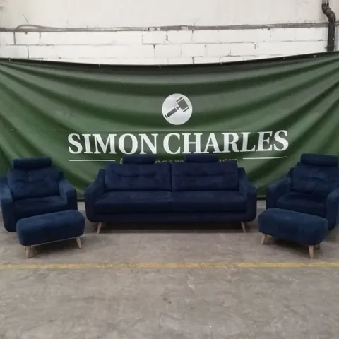 STOKERS ALFREDO BLUE FABRIC SOFA SUITE // 1 x 4 SEATER SOFA, 2 x ARMCHAIRS, 2 x FOOTSTOOLS