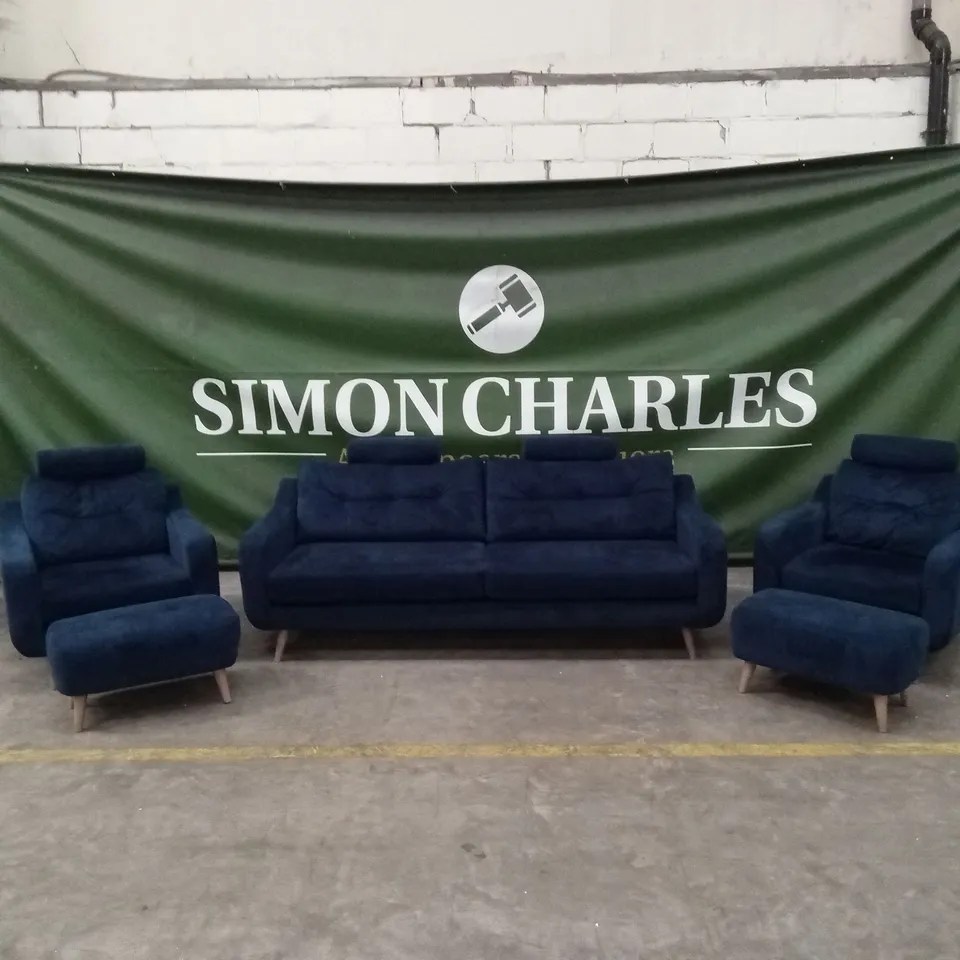 STOKERS ALFREDO BLUE FABRIC SOFA SUITE // 1 x 4 SEATER SOFA, 2 x ARMCHAIRS, 2 x FOOTSTOOLS RRP £3495