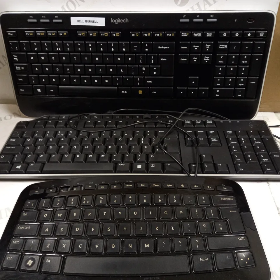 LOT OF APPROXIMATELY 15 PC KEYBOARDS TO INCLUDE MICROSOFT ARC KEYBOARD, DELL USB KEYBOARD, LOGITECH K520 KEYBOARD, ETC