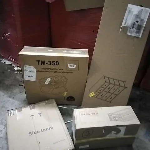 PALLET OF HOUSEHOLD ITEMS TO INCLUDE SIDE TABLE, INVERTER PURE SINE WAVE,KIDS TOY SWIVEL, DRESSER AND OTHER ASSORTED ITEMS...