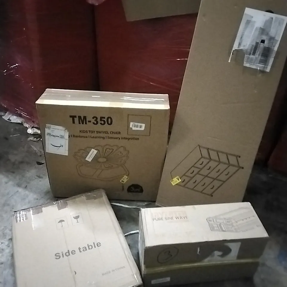 PALLET OF HOUSEHOLD ITEMS TO INCLUDE SIDE TABLE, INVERTER PURE SINE WAVE,KIDS TOY SWIVEL, DRESSER AND OTHER ASSORTED ITEMS...