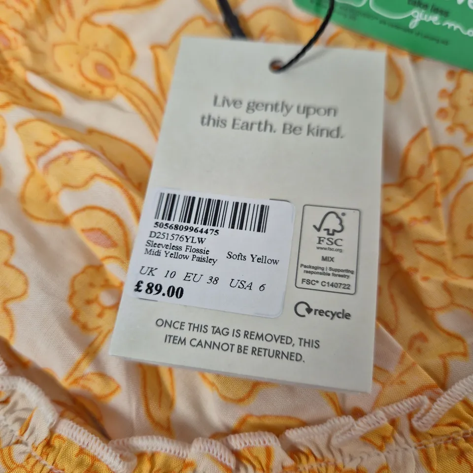 NOBODY'S CHILD SLEEVELESS FLOSSIE MIDI DRESS – YELLOW PAISLEY, UK 10 (EU 38, USA 6)