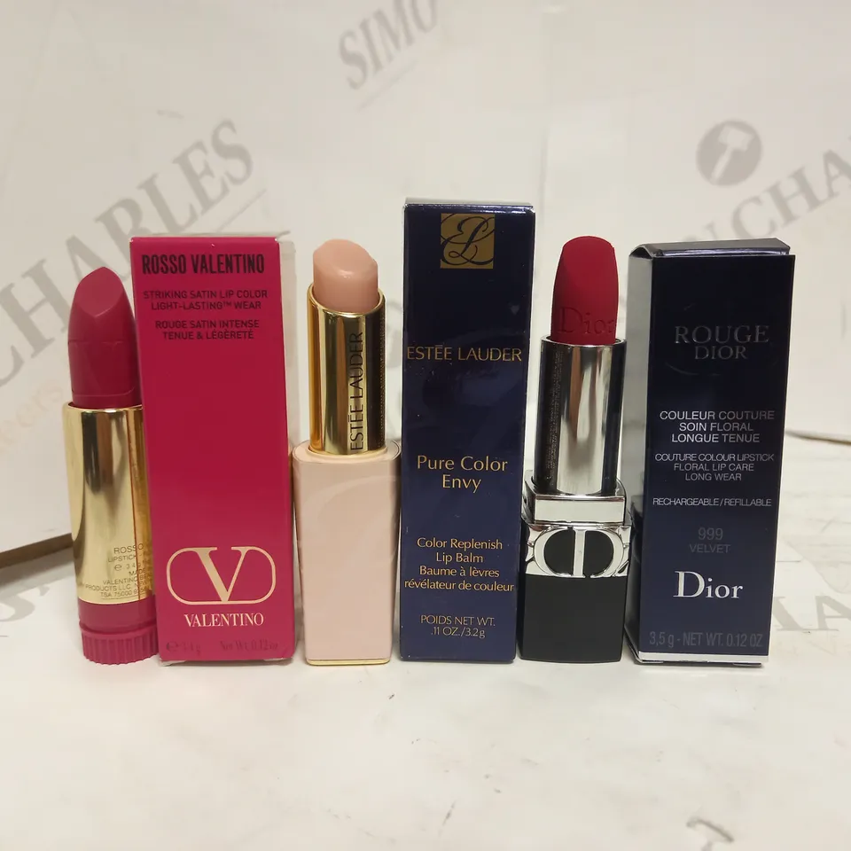 LOT OF 3 DESIGNER LIP COLOURS, TO INCLUDE VALENTINE, DIOR & ESTEE LAUDER