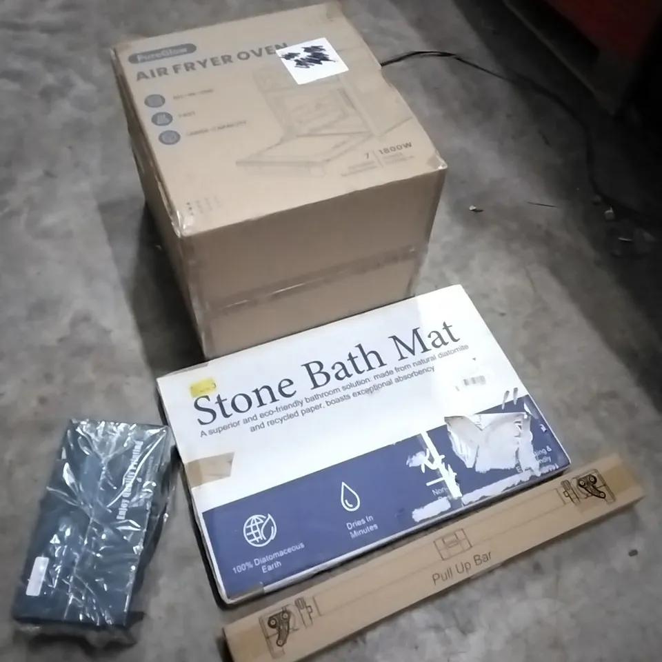 PALLET OF HOUSEHOLD ITEMS TO INCLUDE TONER CARTRIDGES, AIR FRYER OVEN,STONE BATH MAT,PULL UP BAR AND OTHER ASSORTED ITEMS...