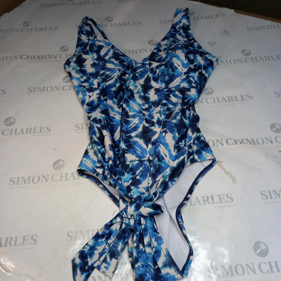 JAC JOSSA BLUE ABSTRACT PRINT PLUNGE BELTED SWIMSUIT SIZE 12