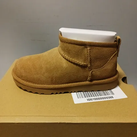 BOXED PAIR OF UGGS CLASSIC ULTRA MINI BOOTS, TAN - UK SIZE 12