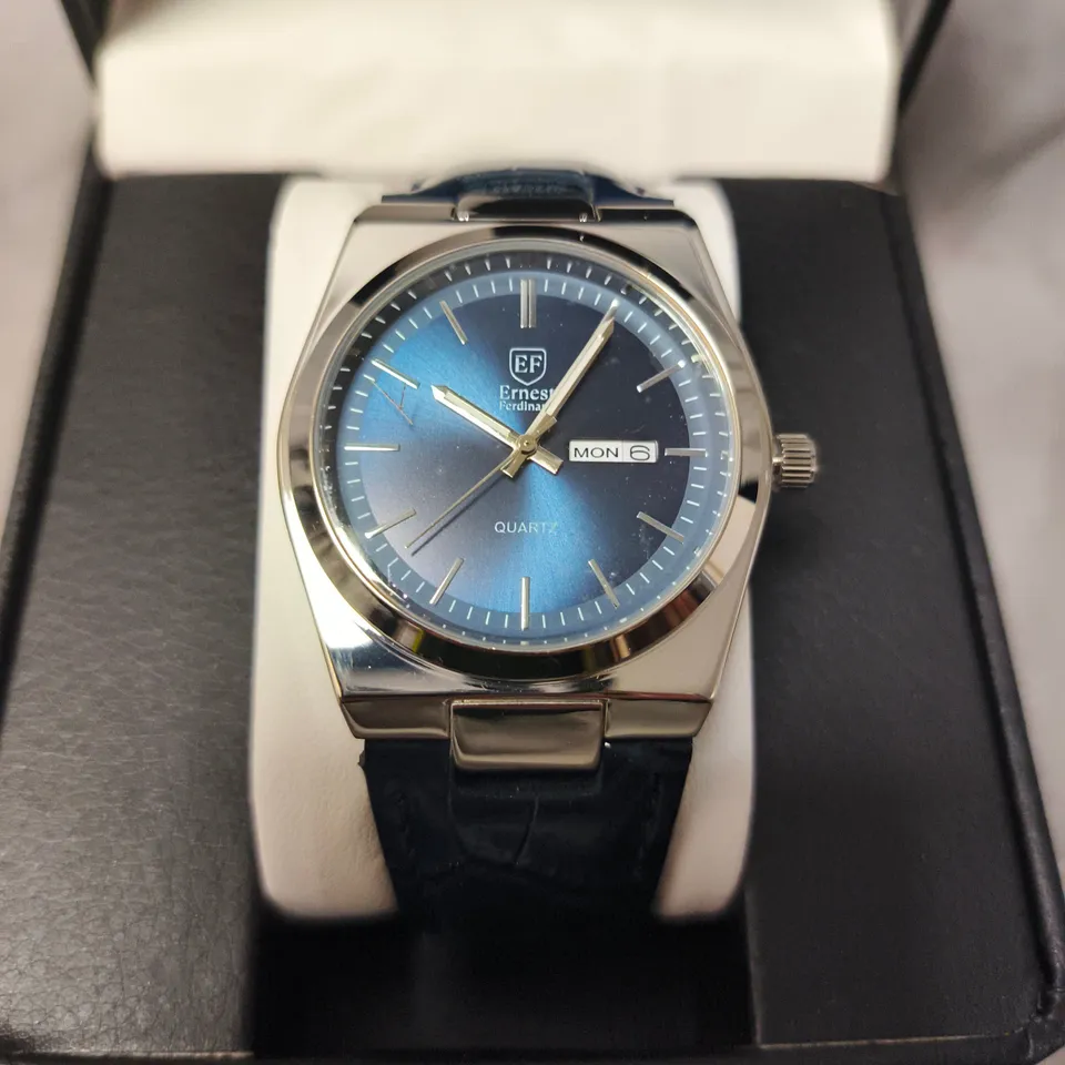 MENS ERNEST FERDINAND WATCH – DAY DATE CALENDAR DIAL – LEATHER STRAP – 3ATM WATER RESISTANT