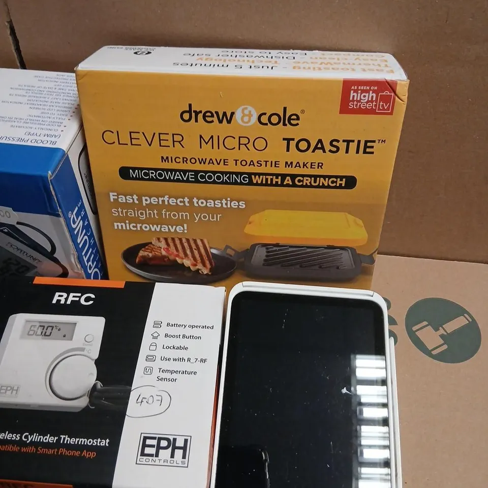 ASSORTED HOME ELECTRONICS & SMALL APPLIANCES (MIXED LOT) – BP MONITOR, MICROWAVE TOASTIE MAKER, THERMOSTAT & SMART DEVICES