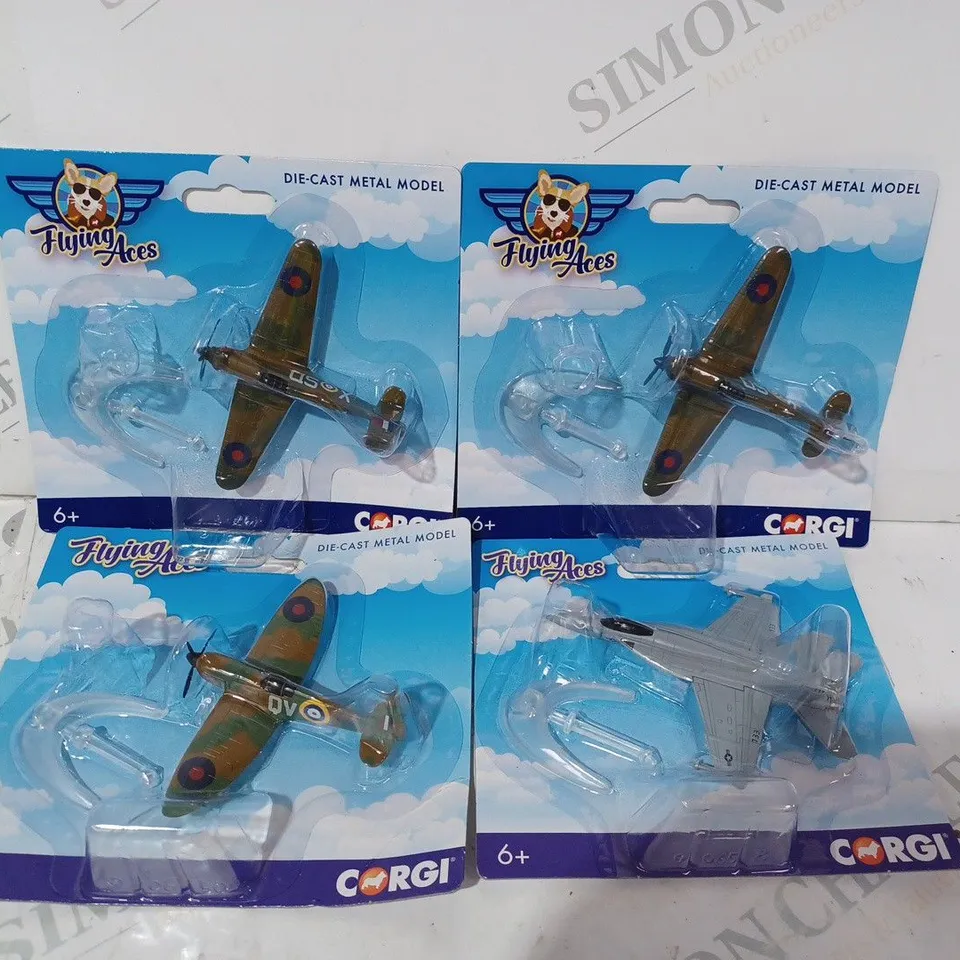 SET OF 4 FLYING ACES DI-CAST MODELS TO INCLUDE HAWKER HURRICANE, SUPERMARINE SPITFIRE, AND F/A-18 SUPER HORNET