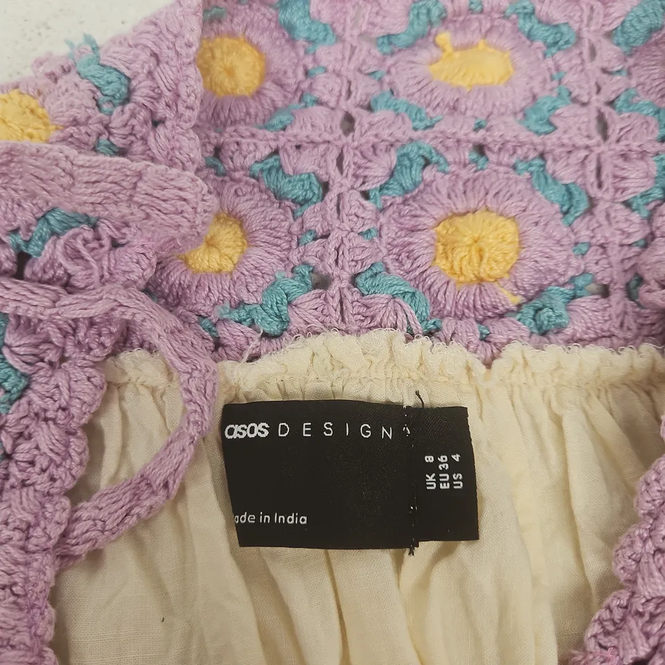 ASOS DESIGN CROCHETED FLORAL DRESS – PURPLE BODICE, CREAM SKIRT, UK 8