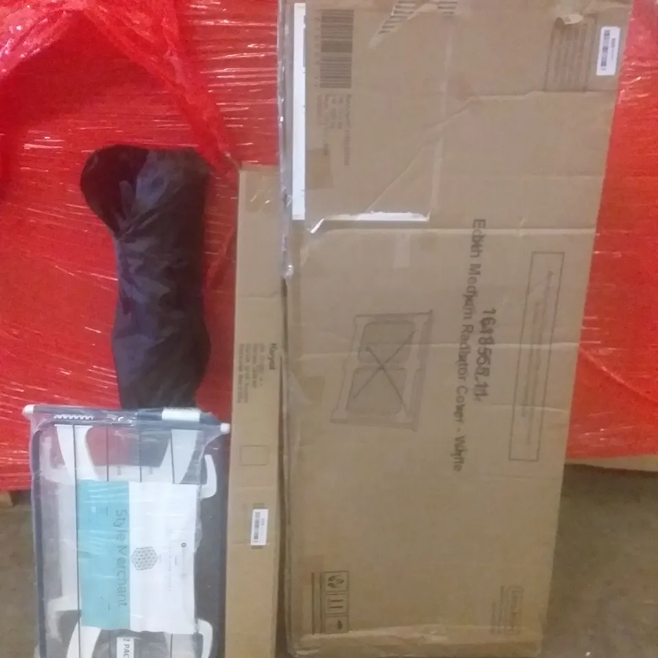 PALLET OF ASSORTED ITEMS INCLUDING MEDIUM RADIATOR COVER, CHAIR MAT, CLOTHES DRYER, CAMPING CHAIR