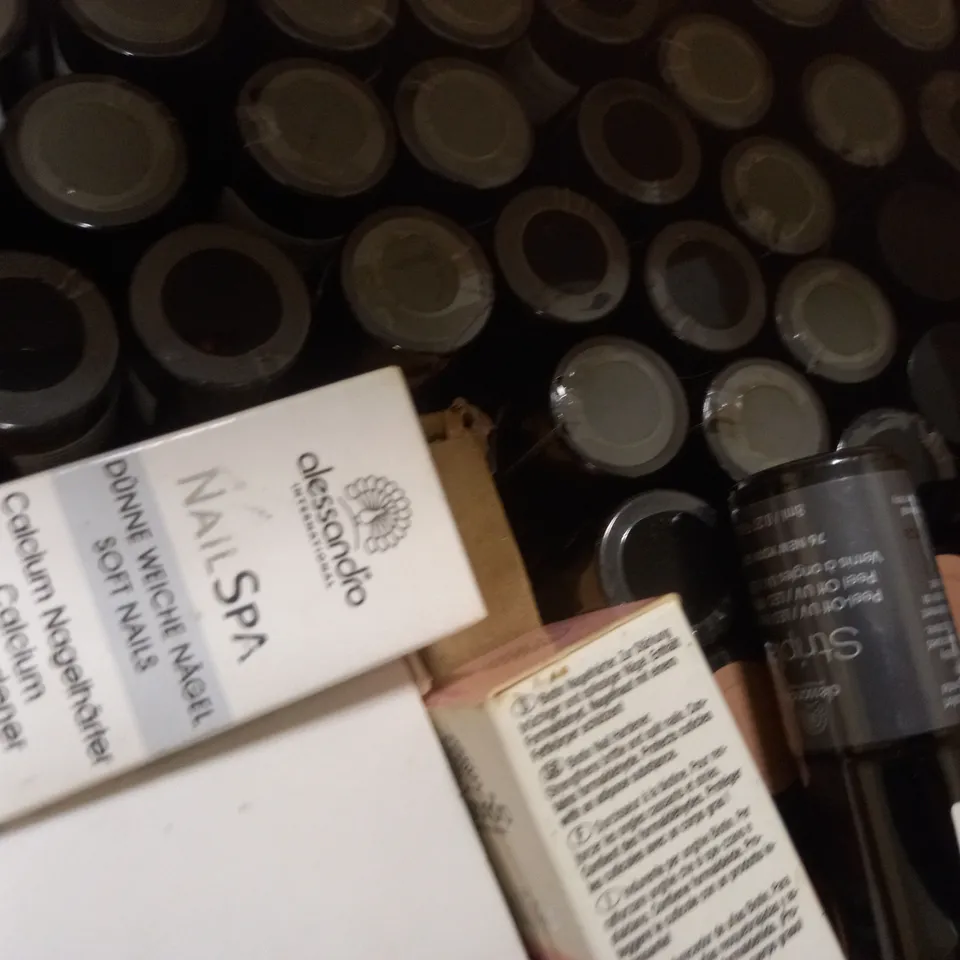 BOX OF APPROX 100 ASSORTED ALESSANDRO STRIPLAC PEEL-OFF UV LED NAIL POLISH #TOFFEE NUT #RED ILLUSION #NEW YORK GREY #TWIN COAT
