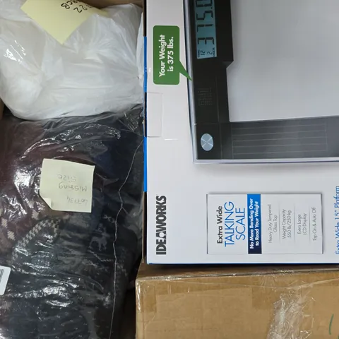 BOX OF APPROXIMATELY 10 ASSORTED HOUSEHOLD ITEMS TO INCLUDE EXTRA WIDE TALKING SCALE, ETC - COLLECTION ONLY