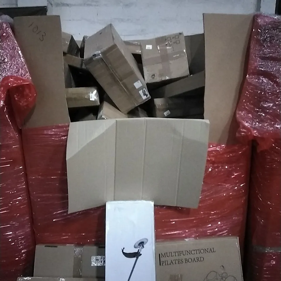PALLET OF HOUSEHOLD ITEMS TO INCLUDE PICTURE FRAME, FLOATING FRAME ART CANVAS, LED 6W BULBS, CORDLESS TRIMMER, MULTIFUNCTIONAL PILATES BOARD AND OTHER ASSORTED ITEMS...