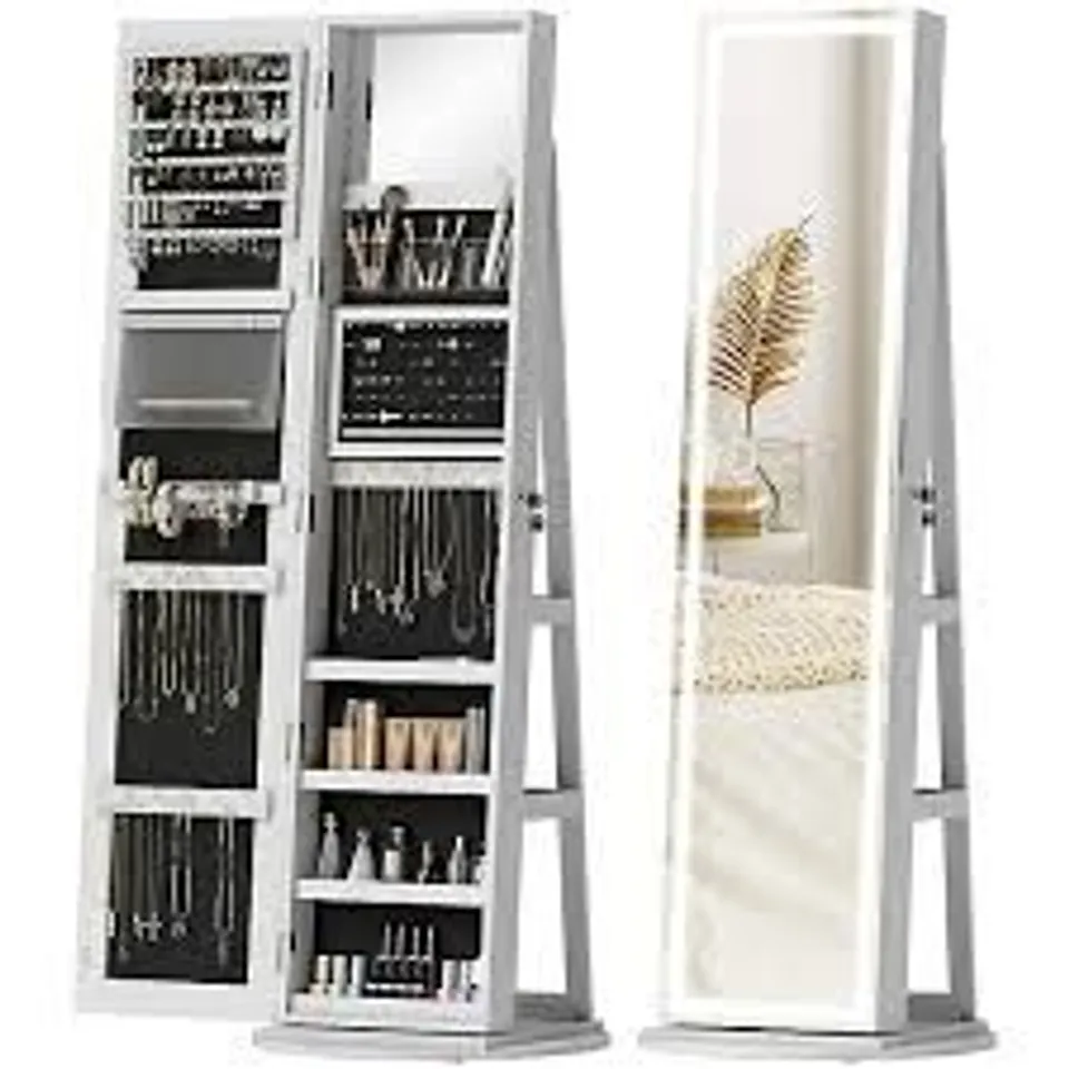 BOXED HOMCOM STORAGE JEWELLERY CABINET, WITH MIRROR AND LIGHTS - WHITE (1 BOX)