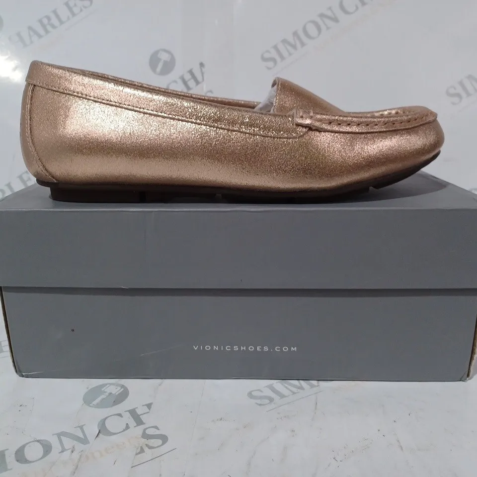 BOXED PAIR OF VIONIC DEBBIE LOAFERS IN ROSE GOLD COLOUR SIZE 4.5
