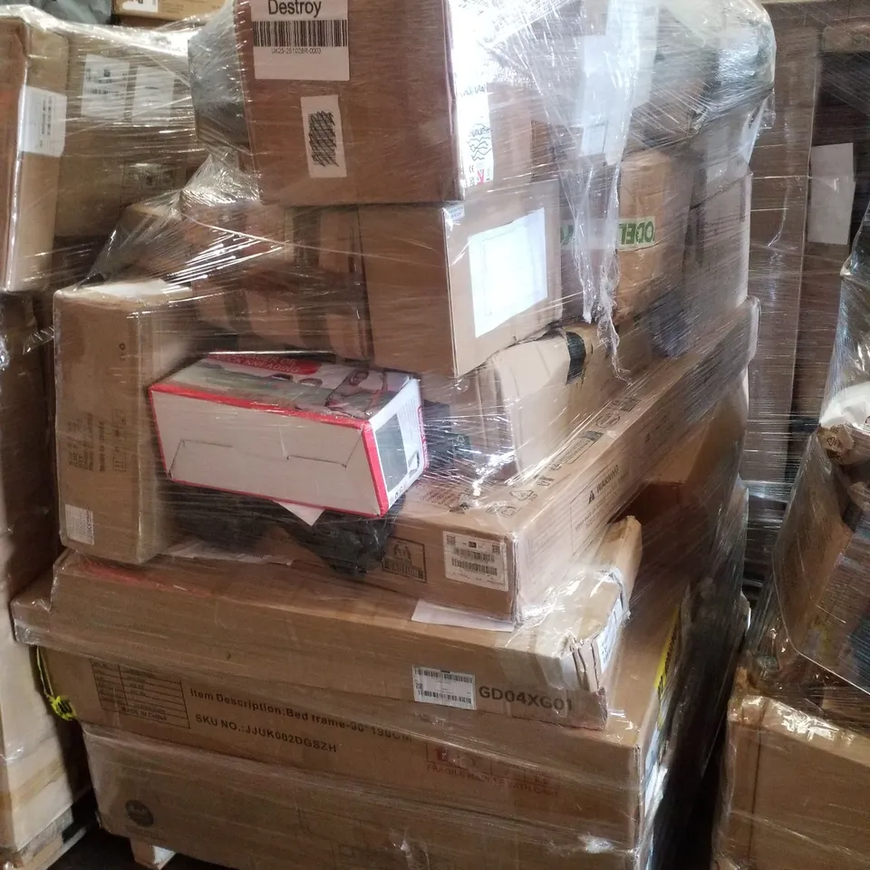 PALLET CONTAINING ASSORTED PRODUCTS INCLUDING NECK KNEADING MASSAGE, CONSOLE TABLE, SINGLE BED FRAME & BABY PLAY PEN