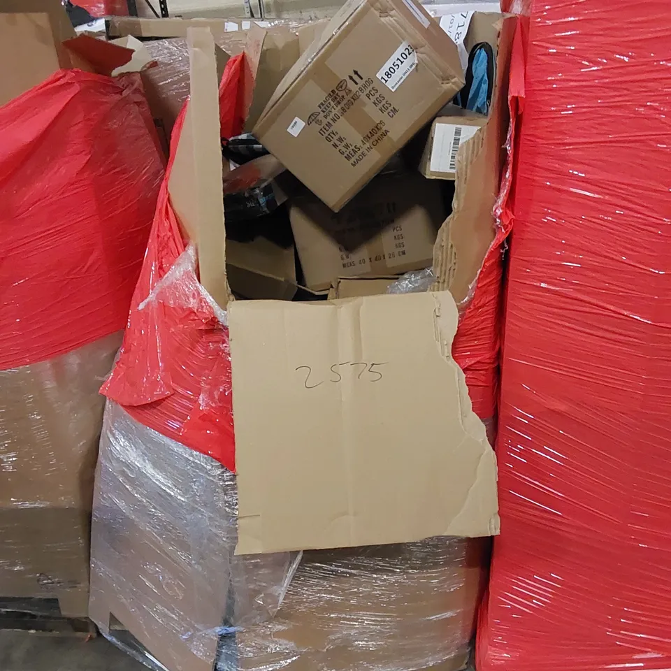 PALLET TO CONTAIN ASSORTED HOUSEHOLD ITEMS AND CONSUMER PRODUCTS. INCLUDING PROTECTIVE BIKER GEAR, DART SET, DOG BED, DRESSING TABLE ETC