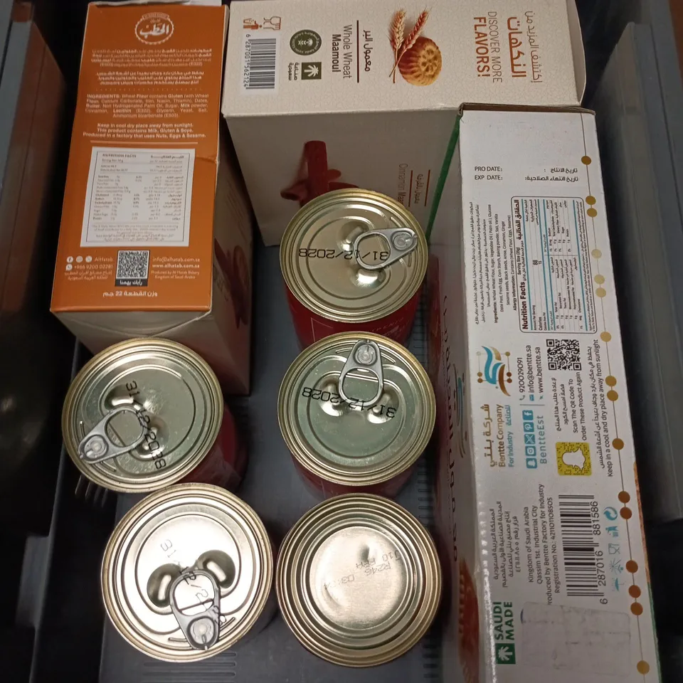 APPROXIMATELY 8 ASSORTED FOOD/DRINK PRODUCTS TO INCLUDE CINNAMON, MAAMOUL BISCUITS, PLUM TOMATOES ETC 