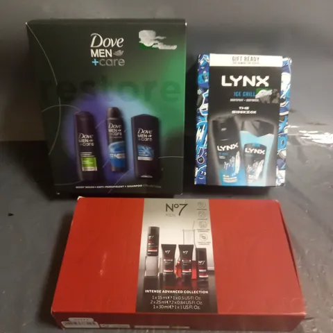 LOT OF 3 ASSORTED COSMETIC BOXSETS TO INCLUDE - DOVE MEN RESTORE COLLECTION, NO7 MEN INTENSE ADVANCED COLLECTION AND LYNX ICE CHILL THE SIDEKICK COLLECTION