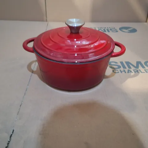 SMALL ENAMELED CAST IRON CASSEROLE DISH IN RED