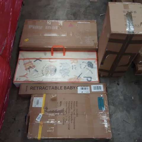 PALLET OF ASSORTED ITEMS INCLUDING: TRAMPOLINE, CEILING FAN LIGHT, RETRACTABLE BABY GATE, PLAY MATS ECT