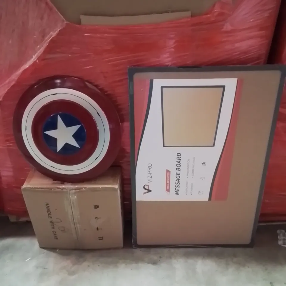 PALLET OF ASSORTED HOUSEHOLD GOODS AND PRODUCTS TO INCLUDE;MESSAGE BOARD,CEILING LIGHT,CAPTAIN AMERICA SHIELD