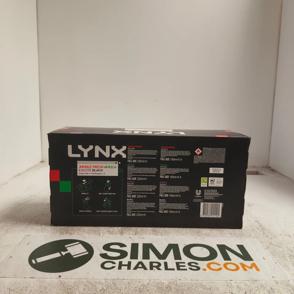 LYNX BODY SPRAY AND BODYWASH SET (JUNGLE FRESH, AFRICA, EXCITE, BLACK) – 4 X 150ML, 4 X 225ML