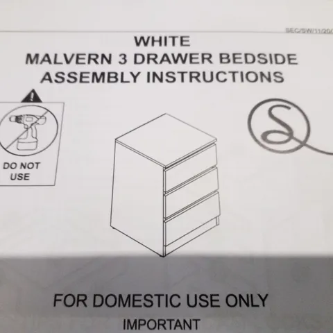 BOXED MALVERN 3 DRAWER BEDSIDE CABINET - WHITE