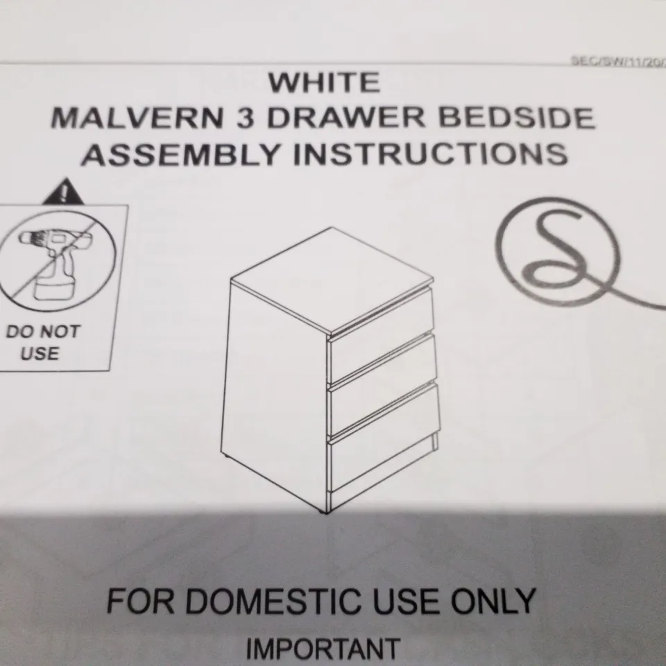 BOXED MALVERN 3 DRAWER BEDSIDE CABINET - WHITE