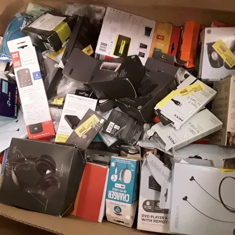 BOX OF ASSORTED ELECTRONIC PRODUCTS INCLUDING UNIVERSAL REMOTE, STEREO SPEAKERS, HEADPHONES, WIRELESS CHARGING STAND