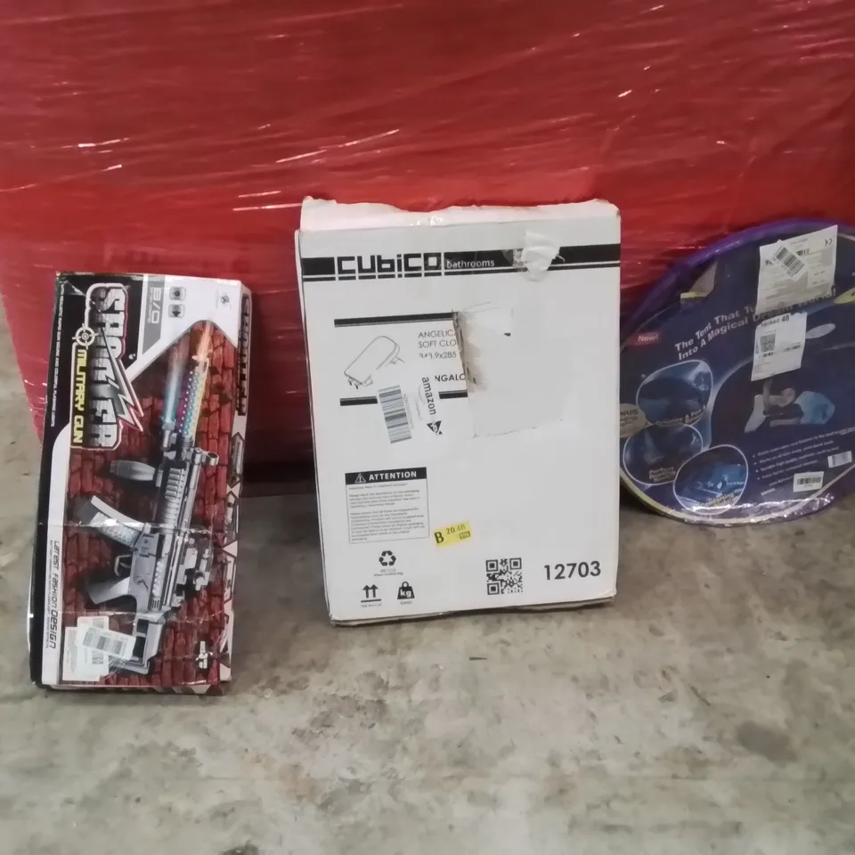 PALLET OF ASSORTED HOUSEHOLD GOODS AND PRODUCTS TO INCLUDE;TOILET SEAT,POP UP BEACH TENT,KIDS MILITARY GUN