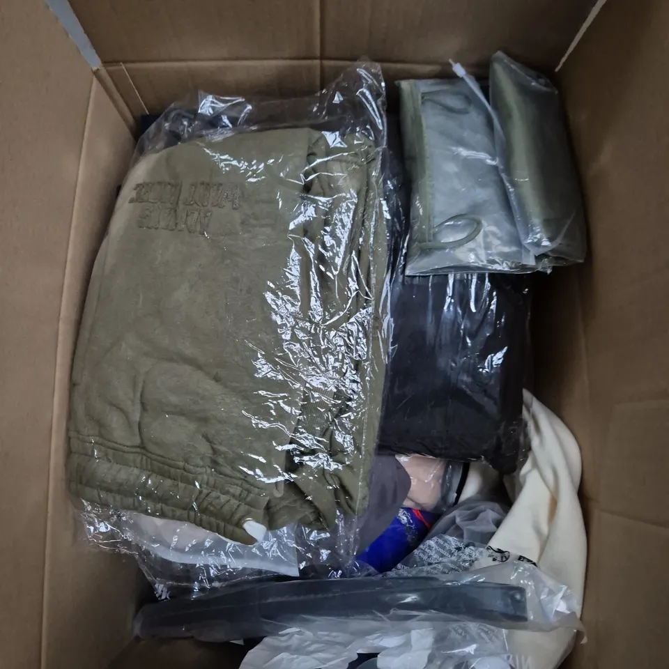 LARGE BOX OF APPROXIMATELY 25 ASSORTED CLOTHING ITEMS IN VARIOUS COLOURS, STYLES AND SIZES - COLLECTION ONLY