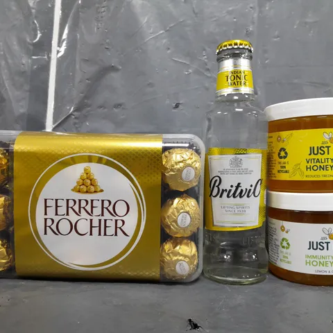 APPROXIMATELY 8 ASSORTED FOOD/DRINK PRODUCTS TO INCLUDE TONIC WATER, HONEY, FERRERO ROCHER, ETC